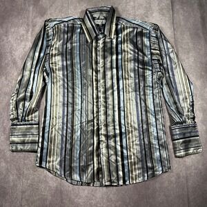 Elephant Blue Silver Striped Satin Button Down Shirt Womens L Y2K Vintage Style